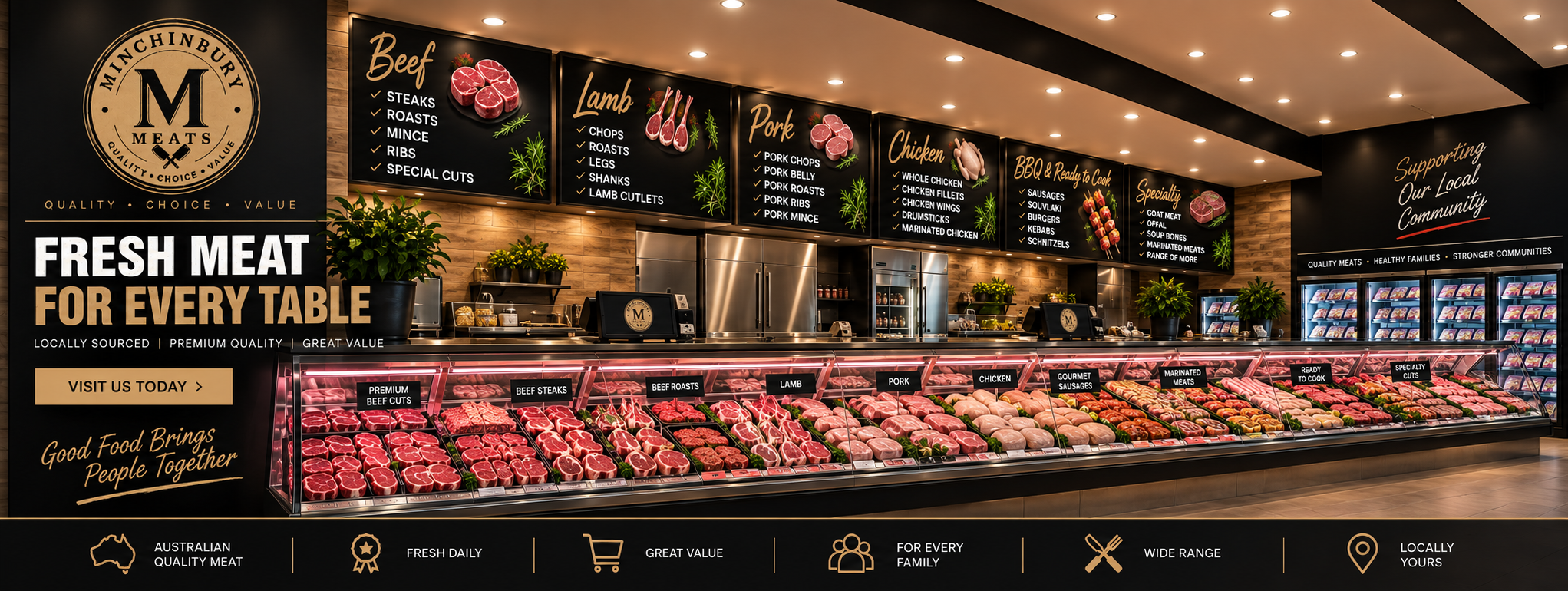 Minchinbury Meats fresh meat range including beef, lamb, pork, chicken, sausages and ready-to-cook products